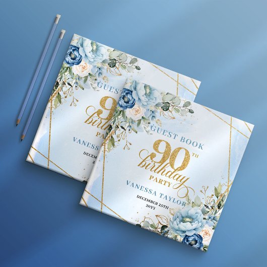 Livre D'or Modern Dusty Blue Flowers Script 90th Birthday