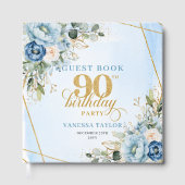 Livre D'or Modern Dusty Blue Flowers Script 90th Birthday (Recto)