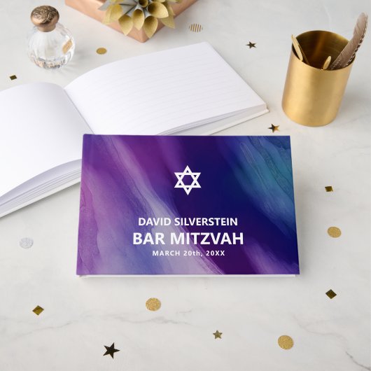 Livre D'or Modern Purple Blue Star David Bar Mitzvah Hebrew (Recto ouvert)