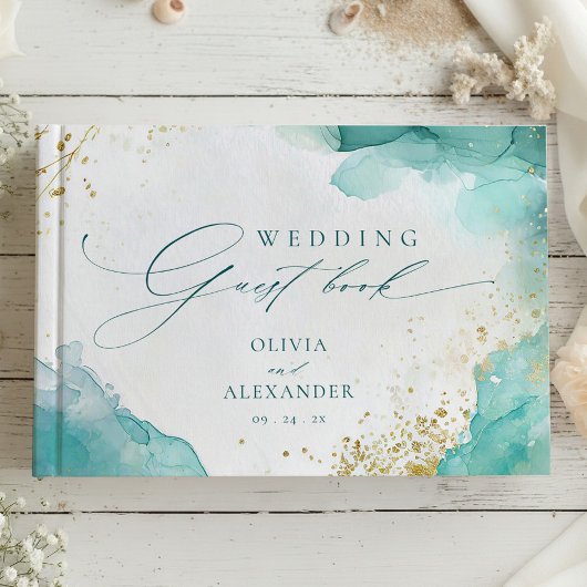 Livre D'or Modern Teal Gold Abstract Beach Wedding
