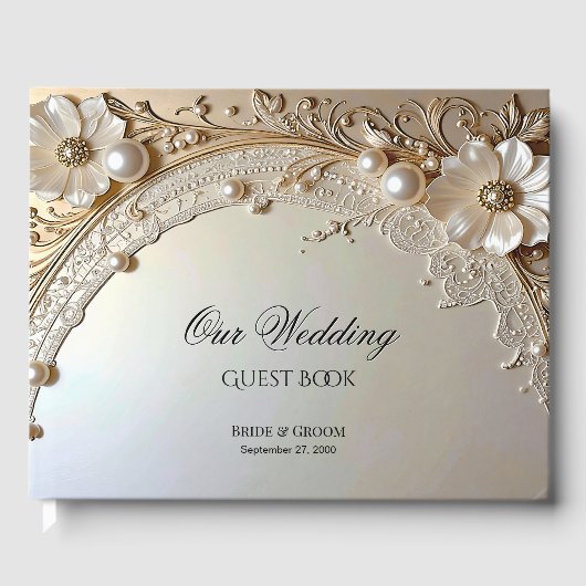 Livre D'or Modern White Flowers Pearls Guest Book (Recto)