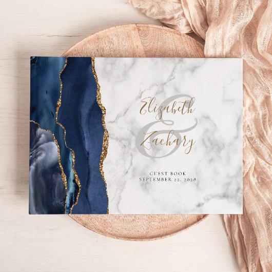 Livre D'or Moderne Bleu Nuit Or Agate Marbre Script