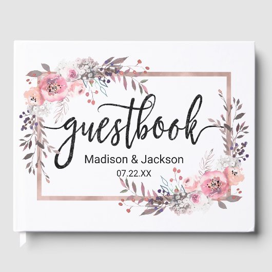 Livre D'or Monogramme de Mariage floral encadré d'or blanc et (Recto)