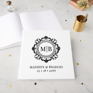 Livre D'or Monogramme Floral Orné Mariage Élégant Noir Blanc