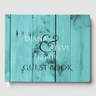 Livre D'or Monogramme Mariage rustique Bois Patiné turquois