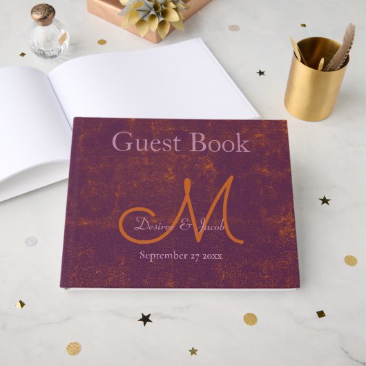 Livre D'or Monogramme Mariage Texture Violet Orange Rustique (Recto ouvert)