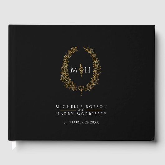 Livre D'or Monogramme oval coeur feuille noir blanc mariage (Recto)