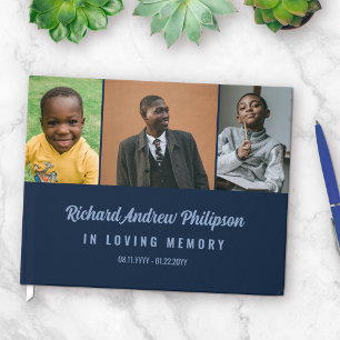 Livre D'or Navy Blue Modern Script 3 Photos En Mémoire Amoure