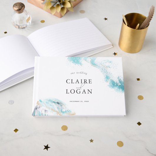 Livre D'or Noces de mariage côtières aux vagues bleues éclabo (Recto ouvert)