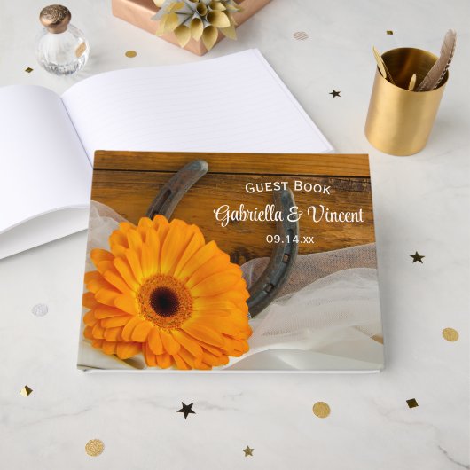 Livre D'or Orange Daisy et Horseshoe Mariage occidental (Recto ouvert)
