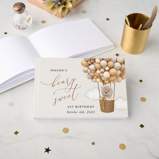 Livre D'or Ours mignon, Ballons Beiges, Premier Anniversaire (Recto ouvert)