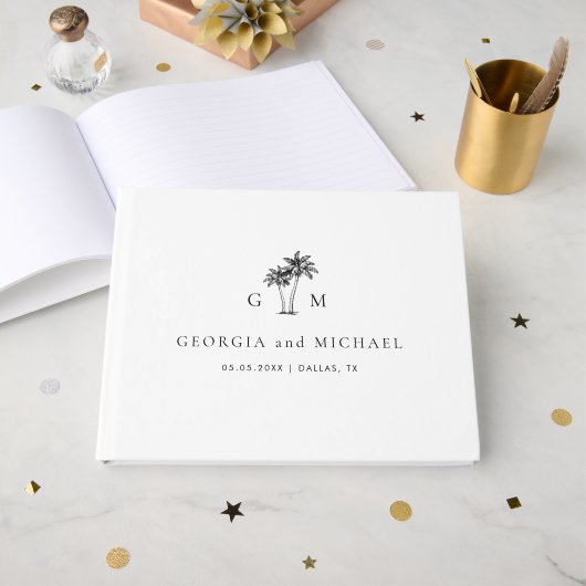 Livre D'or Palm Tree Monogram Elegant Beach Wedding (Recto ouvert)
