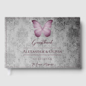 Livre D'or Papillon rose Vintage Mariage damassé (Recto)