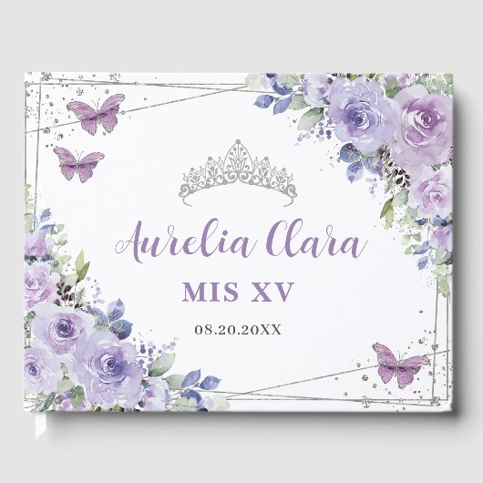 Livre D'or Papillons floraux violets Lilac Silver QUINCEAÑERA (Recto)