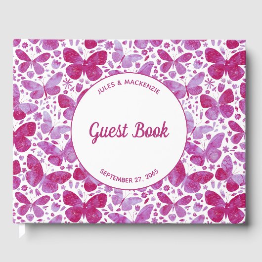 Livre D'or Papillons modernes Aquarelle Magenta Rose (Recto)