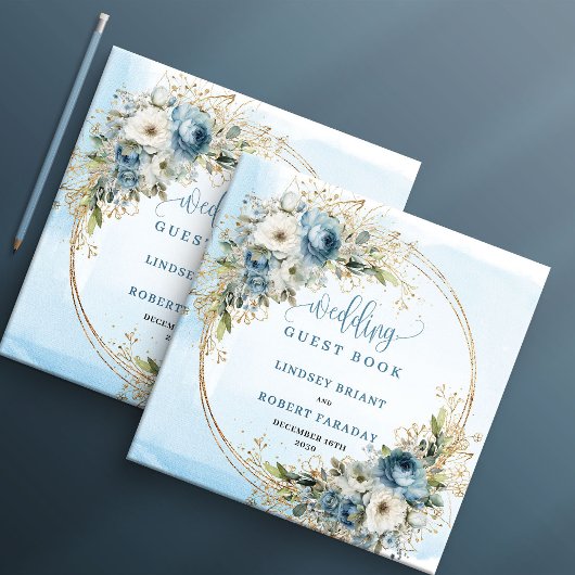 Livre D'or Pastel Blue Flowers Eucalyptus Gold Wedding Book