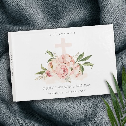 Livre D'or Pastel Doux Peach Rose Floral Cross Bunch Baptême