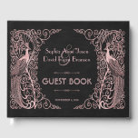 Livre D'or Peacocks rose Gold Art Déco Mariage noir<br><div class="desc">Design unique avec un mélange de paons d'art déco d'or imitation rose de style ancien et une approche graphique audacieuse et moderne, sur un arrière - plan texturé noir. Utilisez l'outil Personnaliser pour ajouter vos informations. Pour les articles correspondants, visitez, s'il vous plaît, ma collection Rose Gold Art Déco Peacocks....</div>