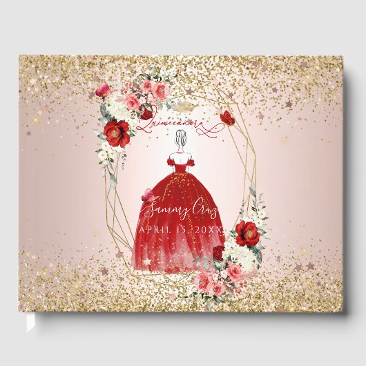 Livre D'or PixDezines Quinceanera H2 Fleurs Robe Rouge (Recto)