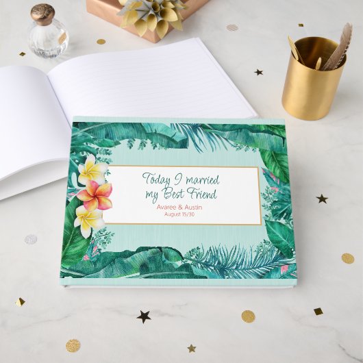 Livre D'or Plumeria et Tropical Green Feuille Mariage (Recto ouvert)