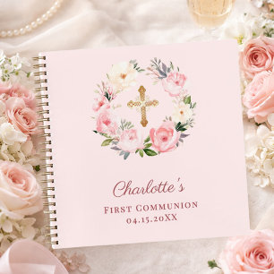 Livre d'or Première Communion fleurs rose tendre