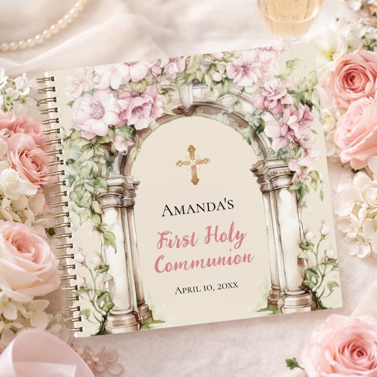 Livre d'or Première Communion fleurs roses arche