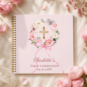 Livre d'or Première Communion ruban floral rose po
