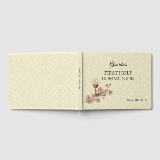 Livre D'or Première Sainte Communion Chalice Hôte Fleurs Rose (Complet)