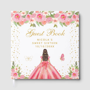 Livre D'or Princesse aux Cheveux Bruns Fleur Rose Sweet Seize