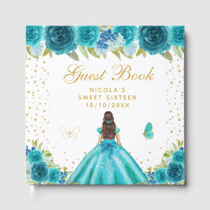 Livre D'or Princesse aux Cheveux Bruns Fleuris Turquoise Swee