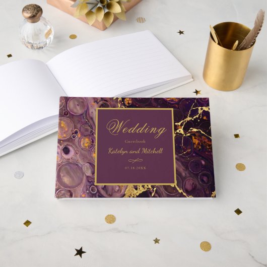 Livre D'or Prune Pourpre Et Marbre Doré  (Recto ouvert)
