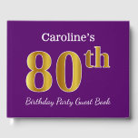 Livre D'or Purple, Faux Gold 80th Birthday Party; Nom personn<br><div class="desc">Ce livre d'or est orné du numéro ordinal "80th" avec un aspect faux or. Il porte également un nom customisé et un arrière - plan de couleur violette. Il pourrait être utilisé à une fête pour quelqu'un célébrant son quatre-vingtième anniversaire. [~Z0000057]</div>
