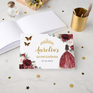 Livre D'or Quinceanera Bourgogne Blush Floral Princess Gold