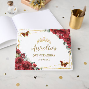 Livre D'or Quinceañera Fleurs Rouges Papillons Dorés Sweet 16