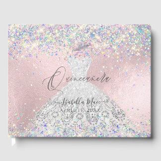 Livre D'or Quinceanera Holographique Confetti Blanc Argent