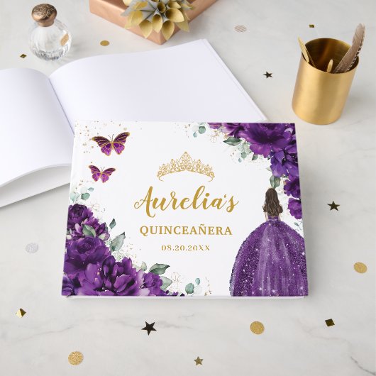 Livre D'or QUINCEAÑERA Papillon princesse florale pourpre fon (Recto ouvert)