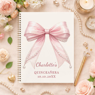 Livre d'or Quinceanera ruban rose perles ivoire