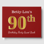 Livre D'or Red, Faux Gold 90th Birthday Party   Nom personnal<br><div class="desc">Ce livre d'or est orné du numéro ordinal "90e" avec un aspect faux or. Il porte également un nom personnalisé et un arrière - plan de couleur rouge. Il pourrait être utilisé à une fête pour quelqu'un célébrant son quatre-vingt-dixième anniversaire. [~Z0000055]</div>