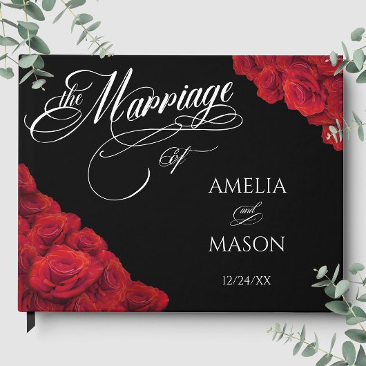 Livre D'or Red Roses Photo Calligraphy Script Black Wedding