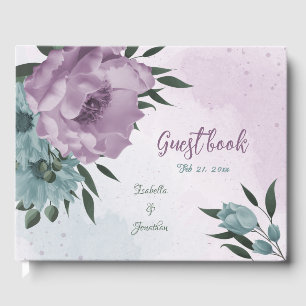 Livre D'or romantique violet poussiéreux et fleurs bleues mar