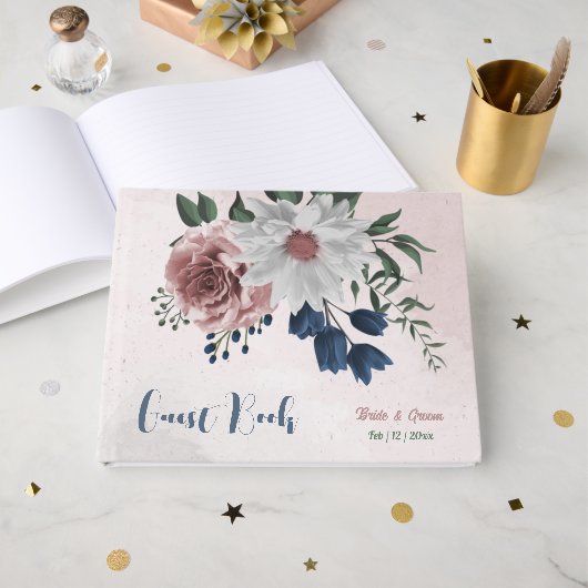 Livre D'or rose blanc marine fleurs verdure mariage (Recto ouvert)