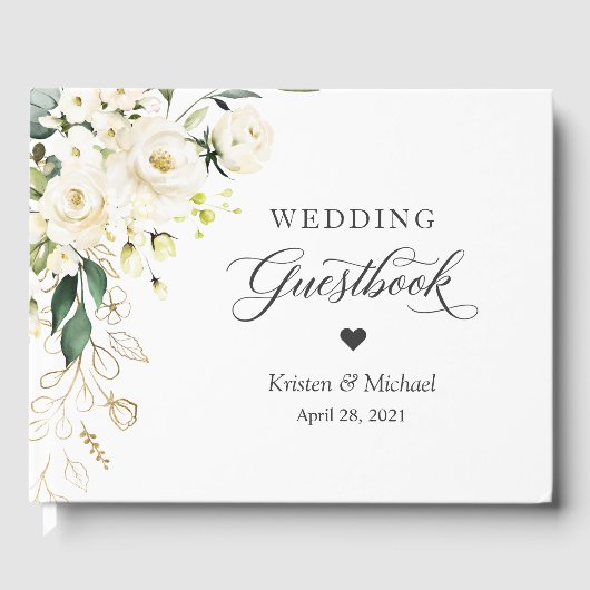 Livre D'or Rose blanche vert or Mariage Floral (Recto)