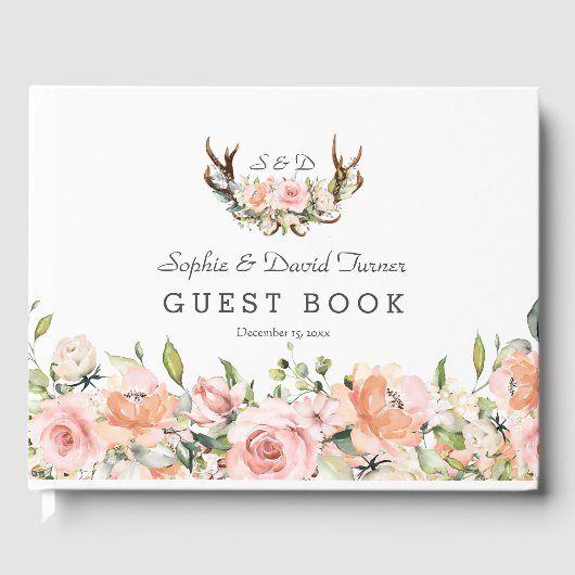Livre D'or Rose Blush Floral Antlers Monogram Mariage (Recto)