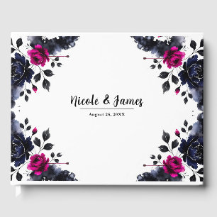 Livre D'or Rose magenta et bleu encre floral aquarelle mariag