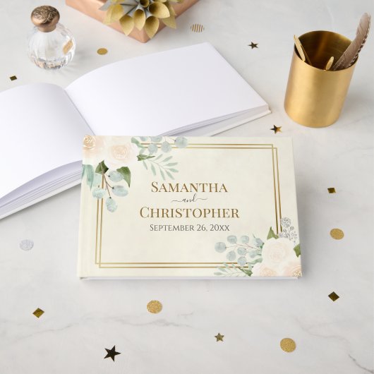 Livre D'or Roses blanches rustiques & Eucalyptus Mariage élég (Recto ouvert)