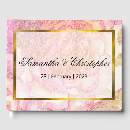 Livre D'or Roses d'aquarelle rose et Mariage d'or (Recto)