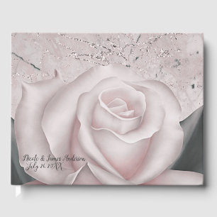 Livre D'or Rouge Mariage Moderne Chic Fleur Rose en Marbre Bl