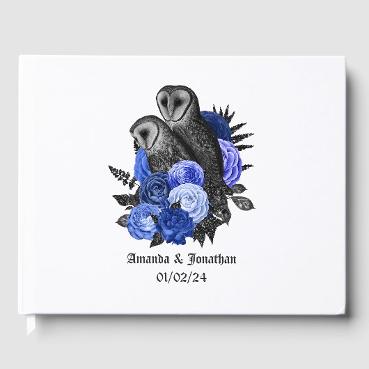 Livre D'or Royal Blue Floral Owls Mariage gothique (Recto)