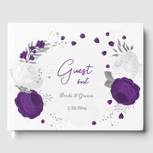 Livre D'or royal violet & fleurs blanches argent mariage (Recto)