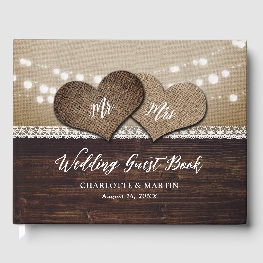 Livre D'or Rustic Country Bois Burlap et Mariage de dentelle (Recto)